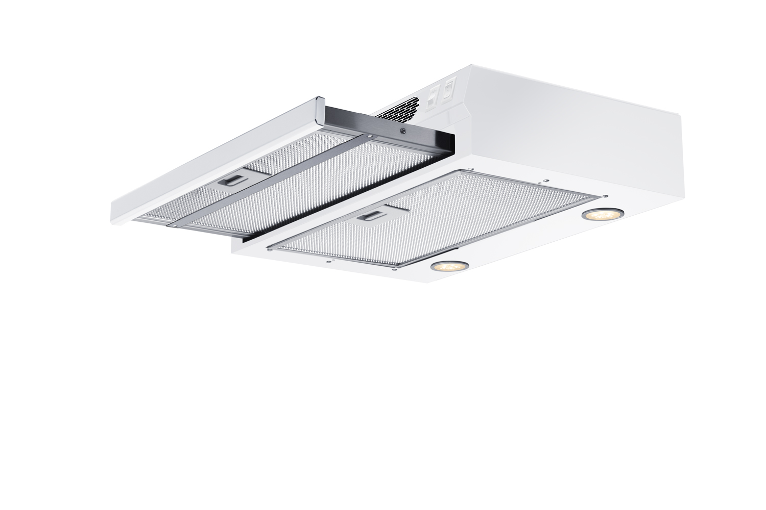 20 inch wide under cabinet retractable range hood for ductless use in white, made in the USA with power cord included